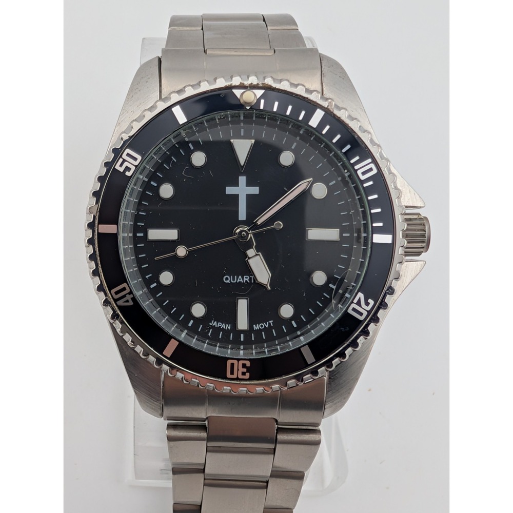 Men's Quartz Watch Cross Dial 40mm Case Rotating Bezel 7" Band- New Battery